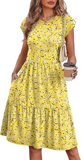 WIHOLL Summer Dresses for Women 2026 Cap Sleeve Casual Sundresses Floral Tiered Swing Fashion Beach Vacation Dress