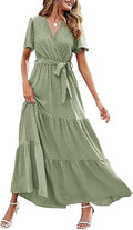 MASCOMODA Womens Summer Swiss Dot Maxi Dresses Wrap V Neck Flutter Short Sleeve Boho Casual Flowy Long Wedding Guest Dress