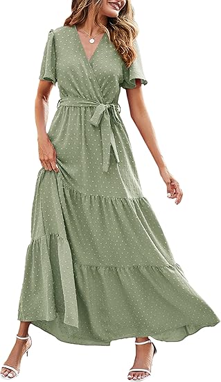 MASCOMODA Womens Summer Swiss Dot Maxi Dresses Wrap V Neck Flutter Short Sleeve Boho Casual Flowy Long Wedding Guest Dress